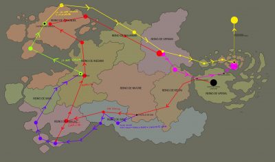 Primer mapa con las lineas del viaje de la historia